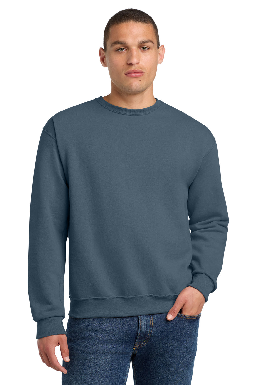 Front View of Denim Jerzees - NuBlend Crewneck Sweatshirt. 562M