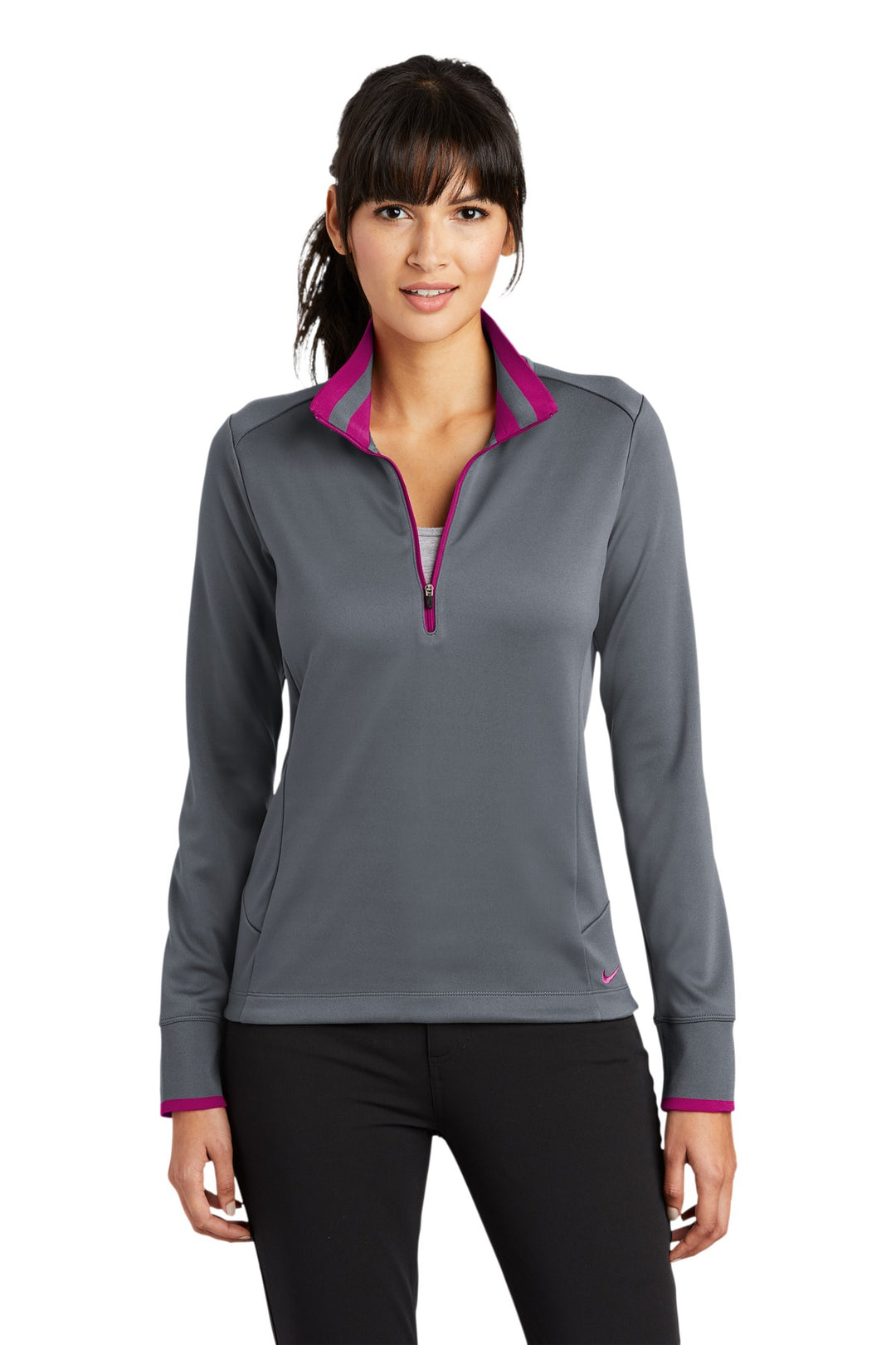 Front View of Dk Gry/Spt Fus Nike Women's Dri-FIT 1/2-Zip Cover-Up. 578674