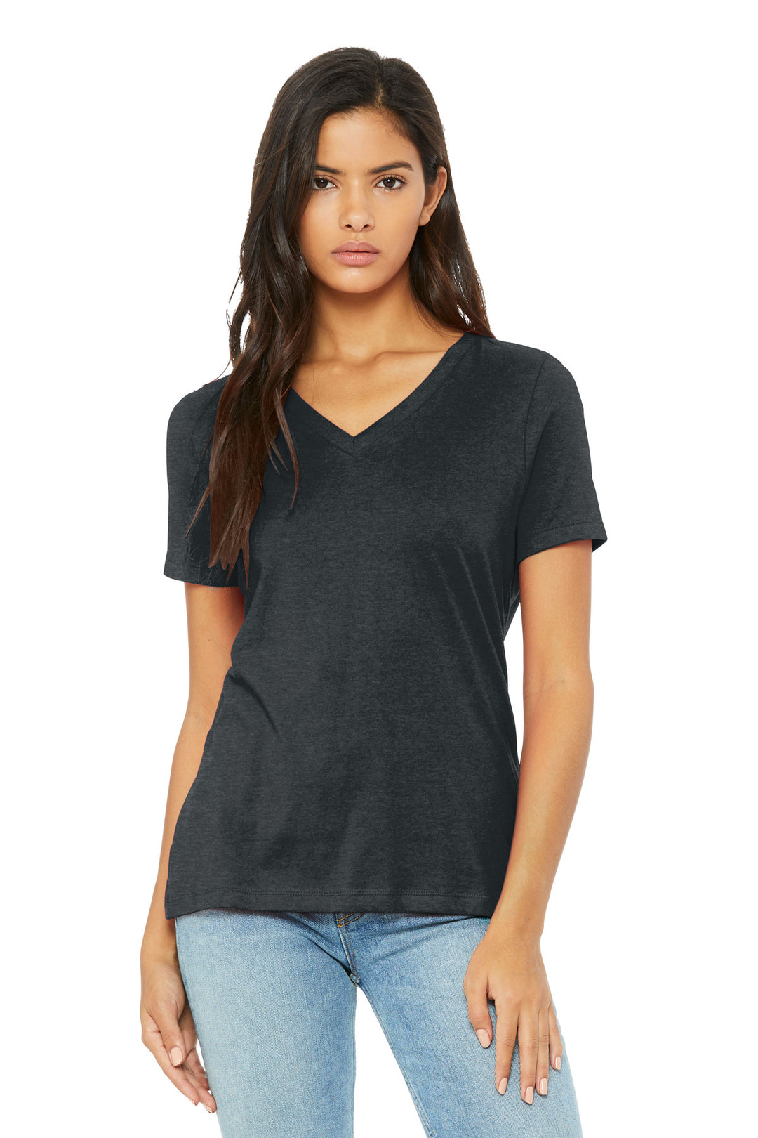 Front View of DkGyHthr BELLA+CANVAS Women's Relaxed Heather CVC V-Neck Tee BC6405CVC