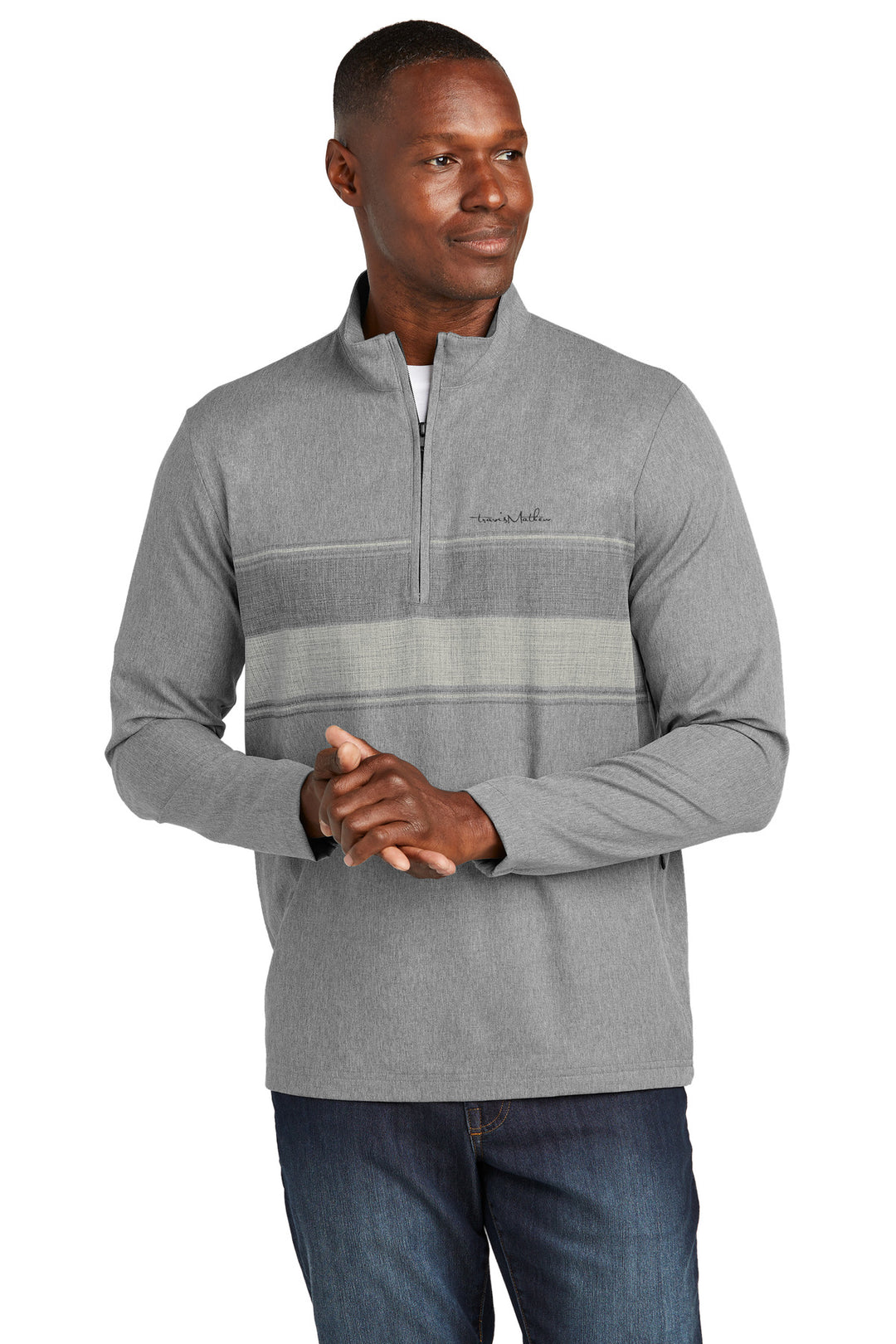 Front View of DkGyHthr TravisMathew Balboa Chest Stripe 1/4-Zip TM1MZ340