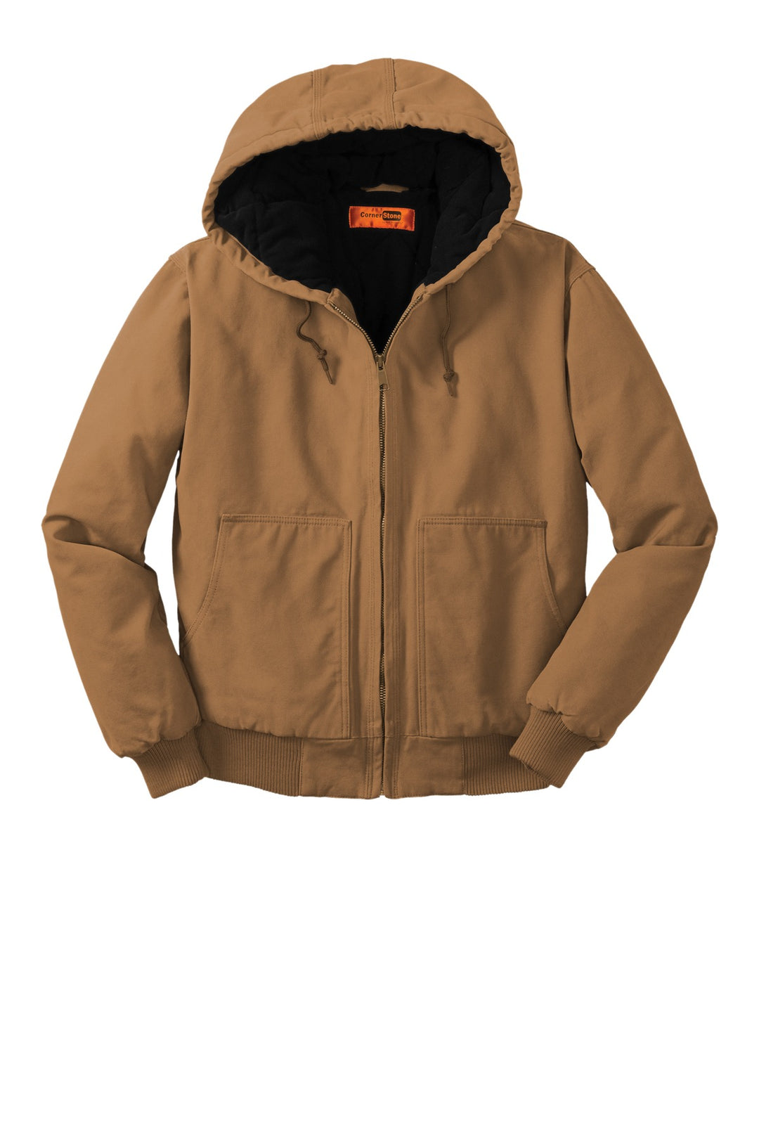 Front View of Duck Brown CornerStone Washed Duck Cloth Insulated Hooded Work Jacket. CSJ41