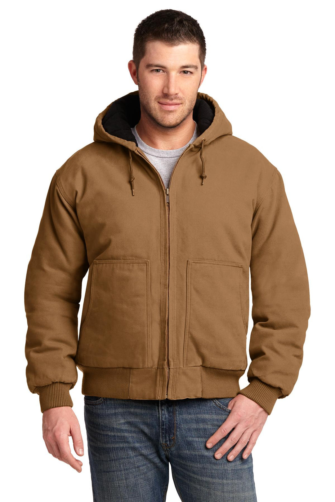 Front View of Duck Brown CornerStone Washed Duck Cloth Insulated Hooded Work Jacket. CSJ41