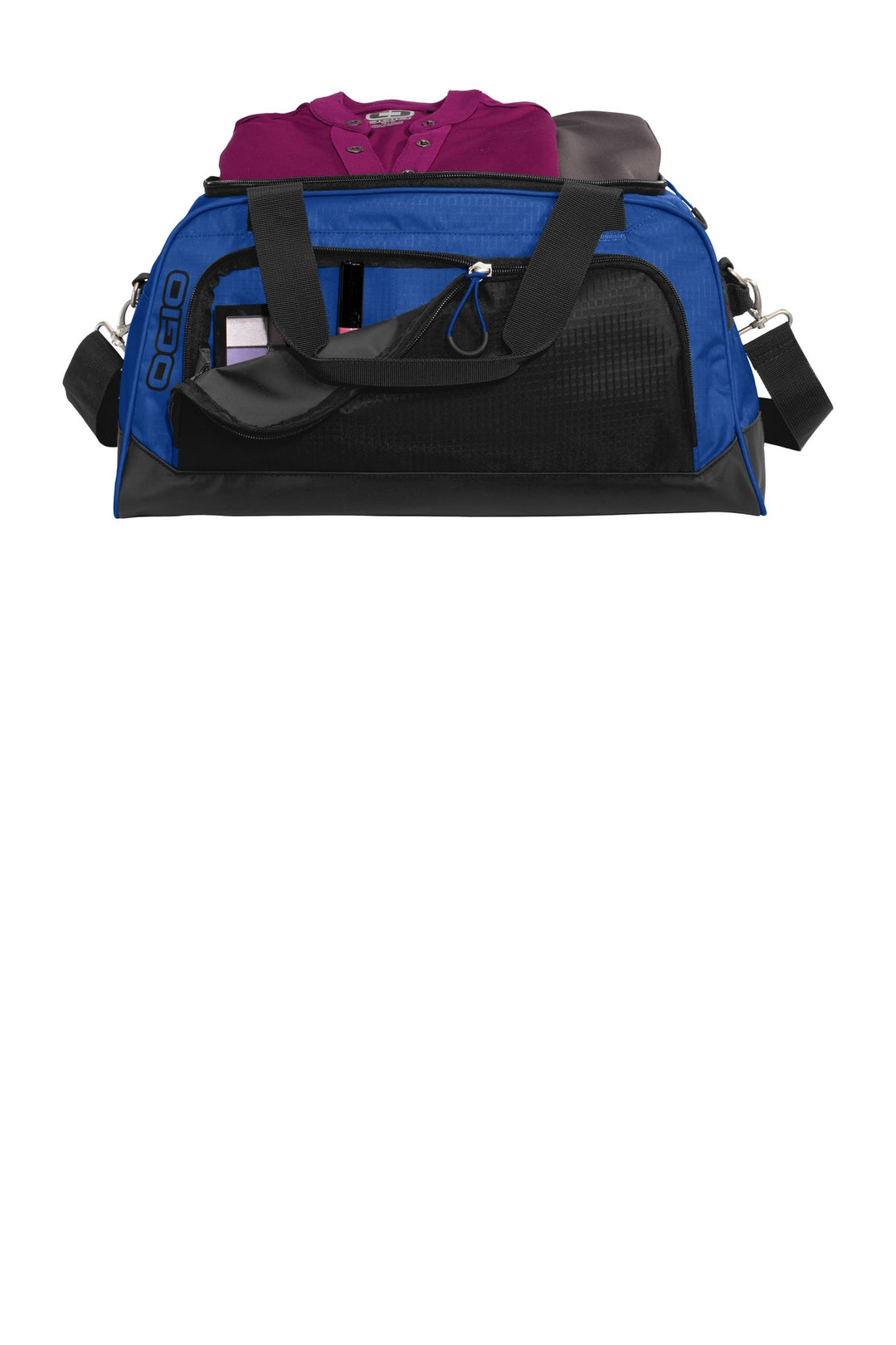 Front View of Electric Bl/Bk OGIO Breakaway Duffel. 411095
