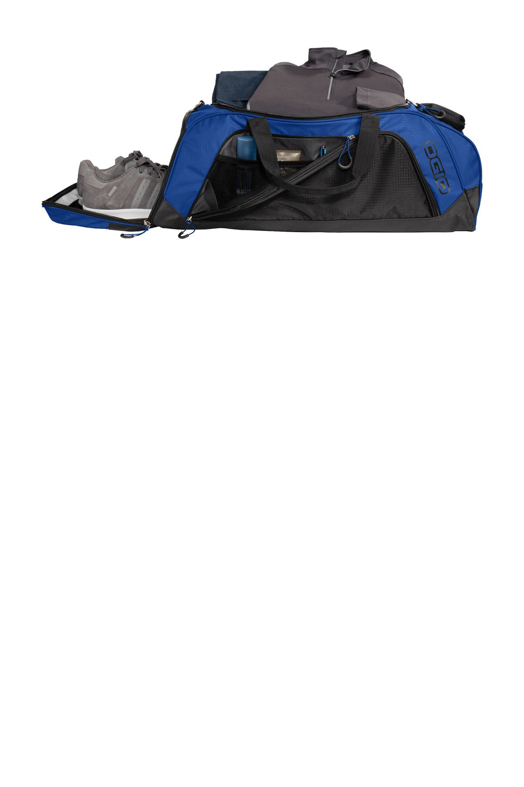 Front View of Electric Bl/Bk OGIO Transition Duffel. 411097