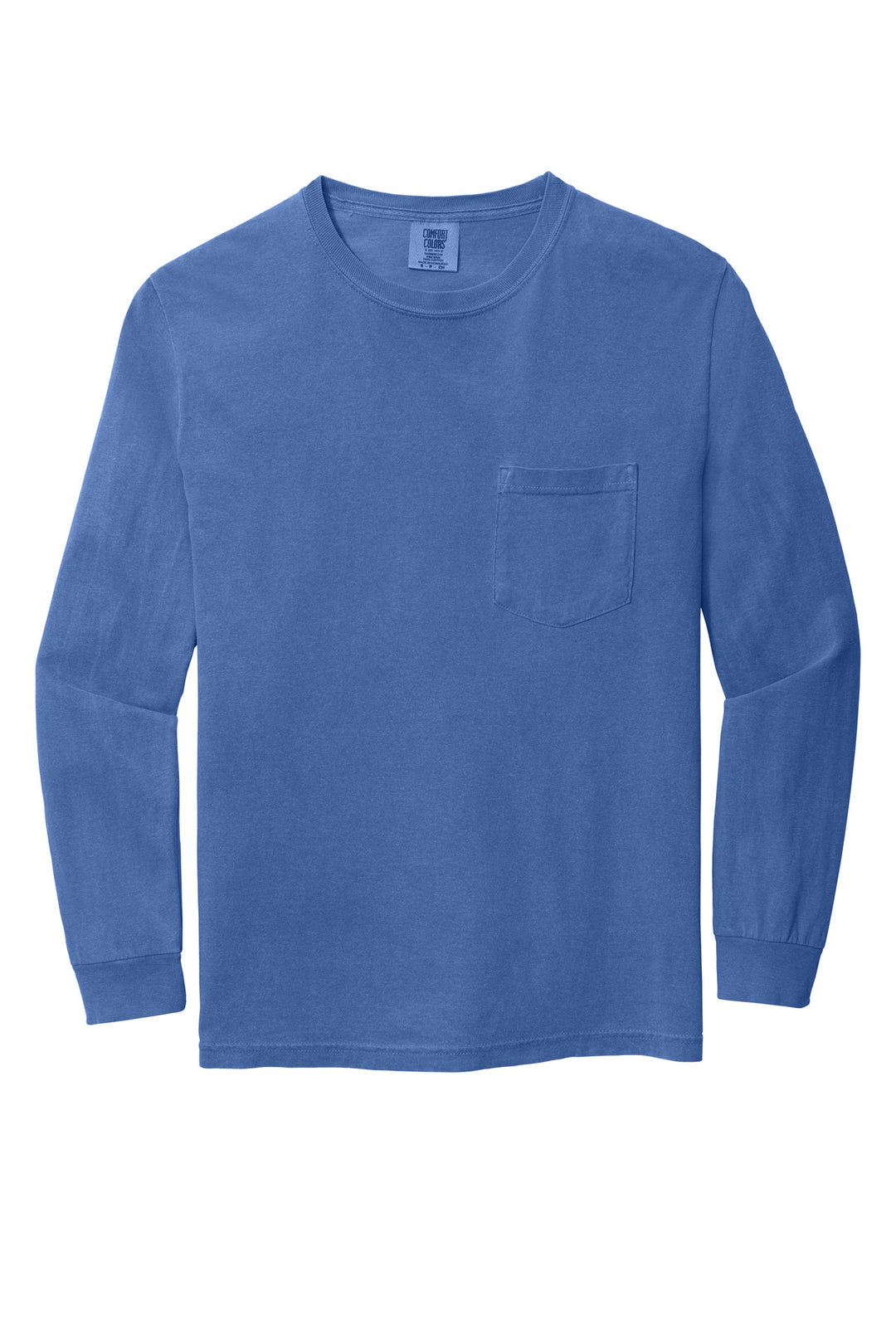 Front View of Flo Blue COMFORT COLORS Heavyweight Ring Spun Long Sleeve Pocket Tee. 4410