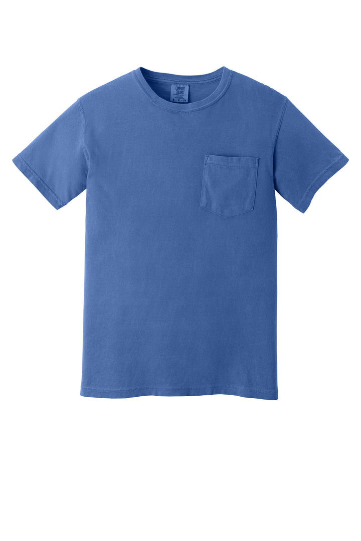 Front View of Flo Blue COMFORT COLORS Heavyweight Ring Spun Pocket Tee. 6030