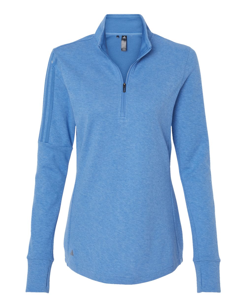 Front View of Focus Blue Melange Women's 3-Stripes Quarter-Zip Sweater - A555