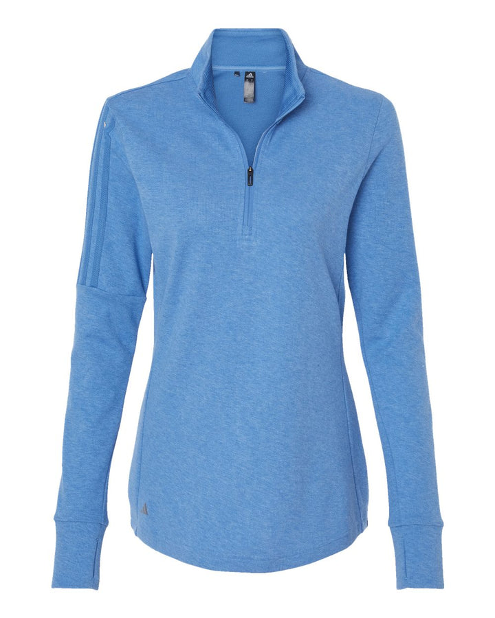 Front View of Focus Blue Melange Women's 3-Stripes Quarter-Zip Sweater - A555