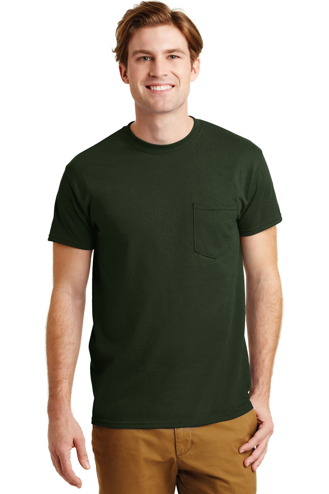 Front View of Forest Green Gildan - DryBlend 50 Cotton/50 Poly Pocket T-Shirt. 8300