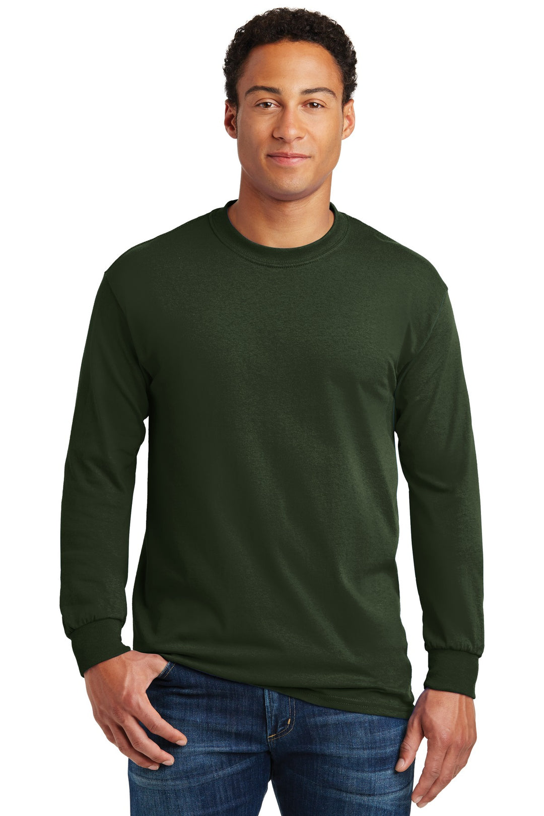 Front View of Forest Green Gildan - Heavy Cotton 100% Cotton Long Sleeve T-Shirt. 5400