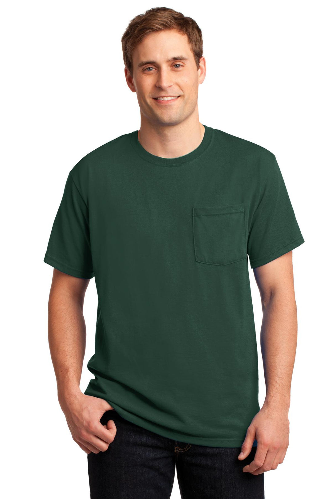 Front View of Forest Green Jerzees - Dri-Power 50/50 Cotton/Poly Pocket T-Shirt. 29MP