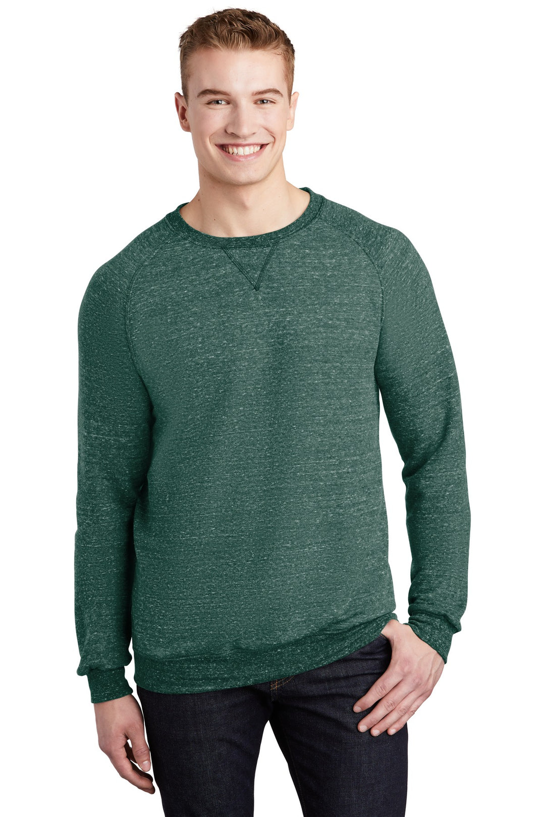 Front View of Forest Green Jerzees Snow Heather French Terry Raglan Crew 91M