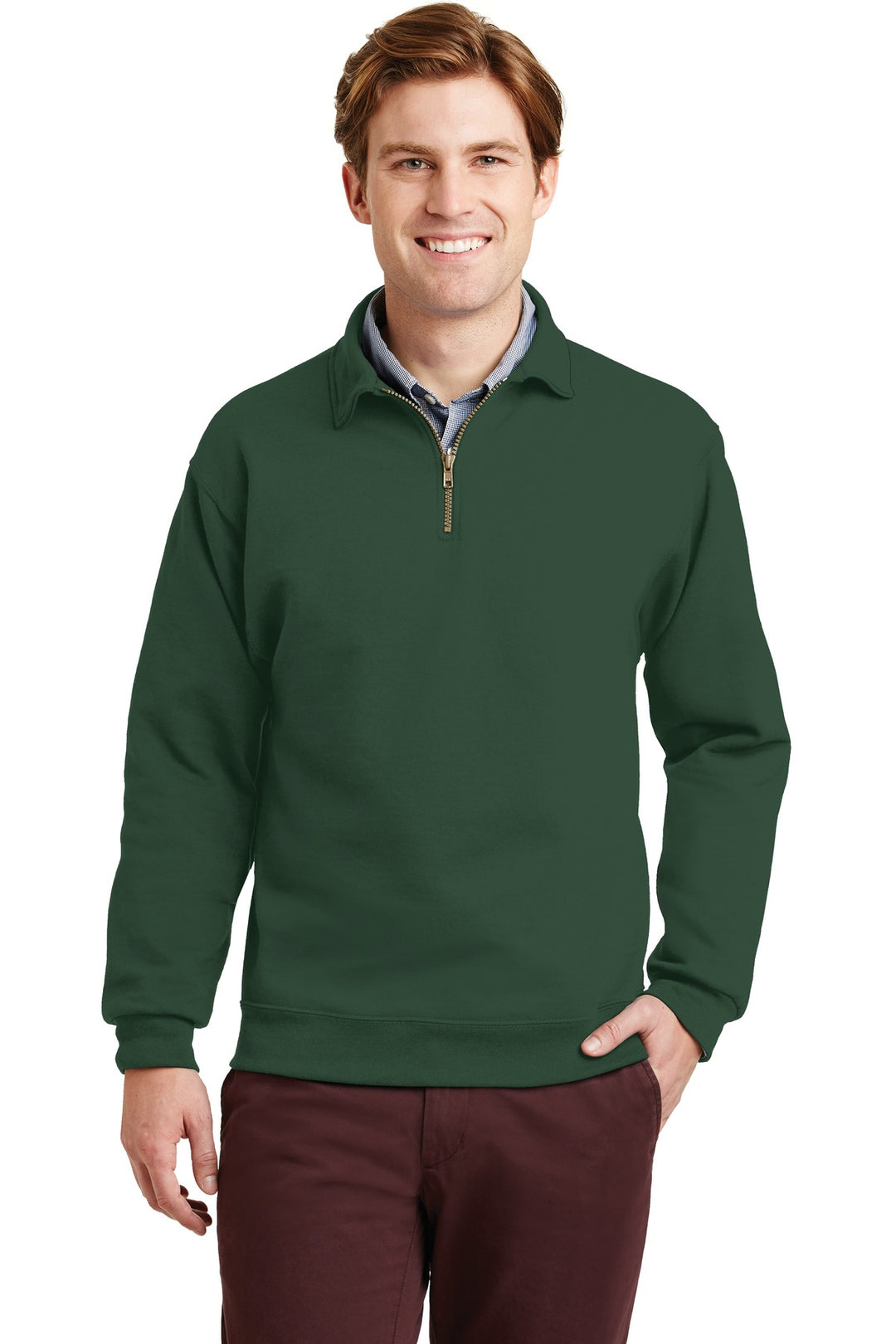 Front View of Forest Green Jerzees Super Sweats NuBlend - 1/4-Zip Sweatshirt with Cadet Collar. 4528M