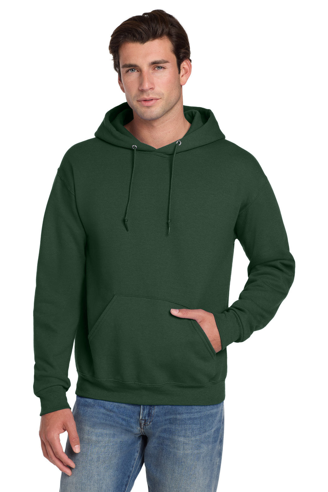Front View of Forest Green Jerzees Super Sweats NuBlend - Pullover Hooded Sweatshirt. 4997M