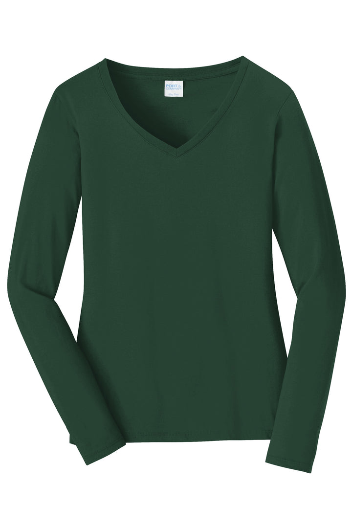 Front View of Forest Green Port & Company Women's Long Sleeve Fan Favorite V-Neck Tee. LPC450VLS