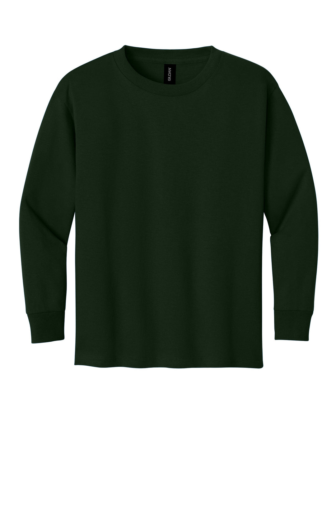 Front View of ForestGrn Gildan Youth Heavy Cotton 100% Cotton Long Sleeve T-Shirt. 5400B