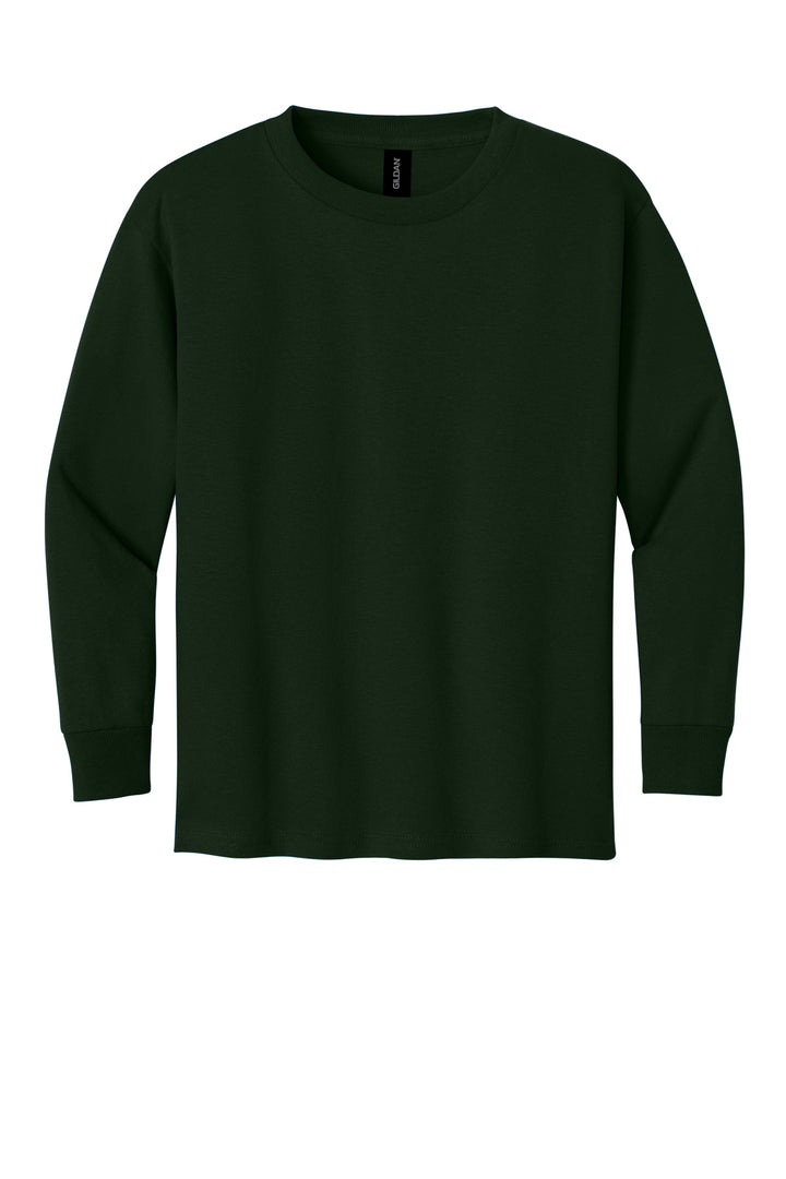 Front View of ForestGrn Gildan Youth Heavy Cotton 100% Cotton Long Sleeve T-Shirt. 5400B