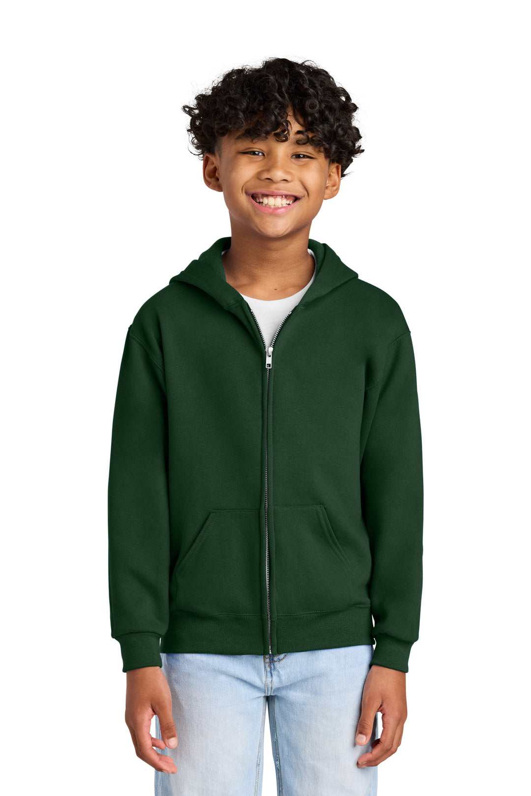 Front View of ForestGrn Jerzees - Youth NuBlend Full-Zip Hooded Sweatshirt. 993B