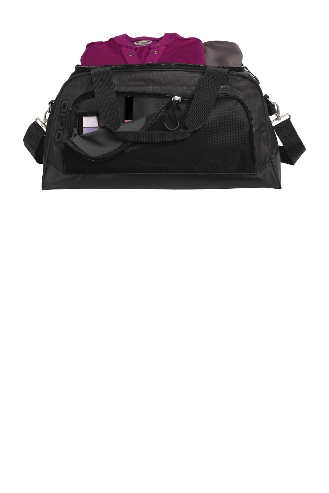 Front View of Gear Grey/Blk OGIO Breakaway Duffel. 411095