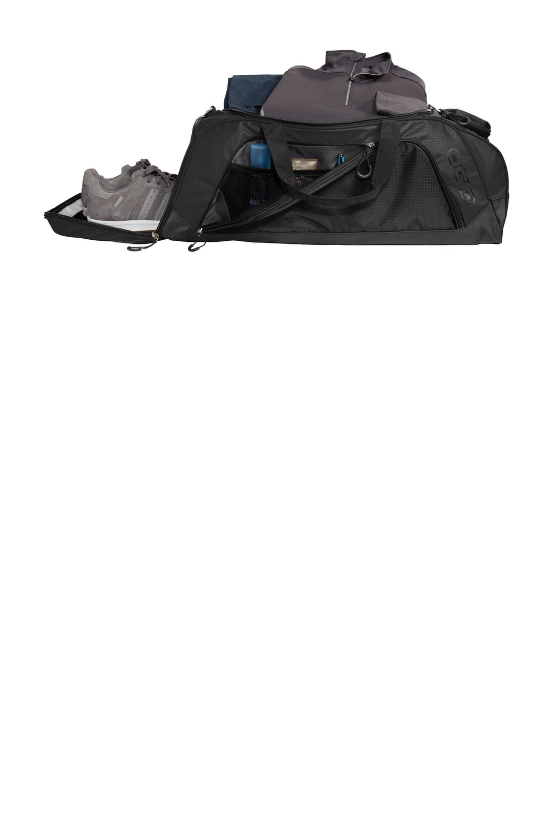 Front View of Gear Grey/Blk OGIO Transition Duffel. 411097