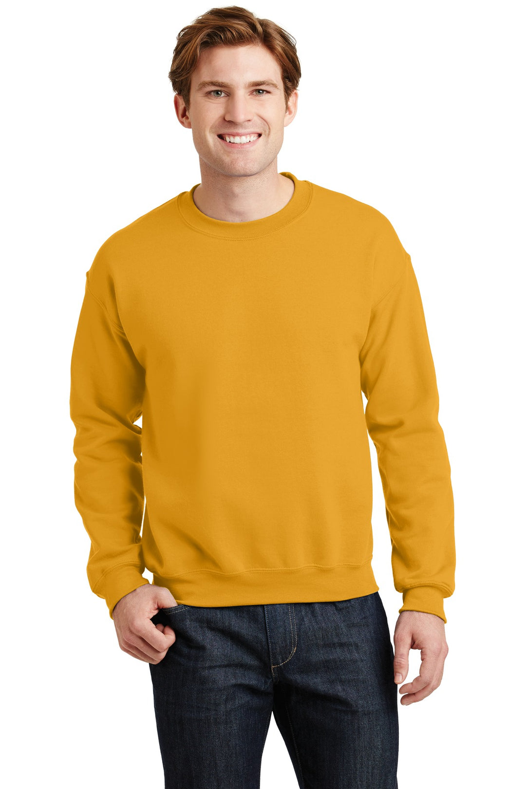 Front View of Gold Gildan Heavy Blend Crewneck Sweatshirt. 18000