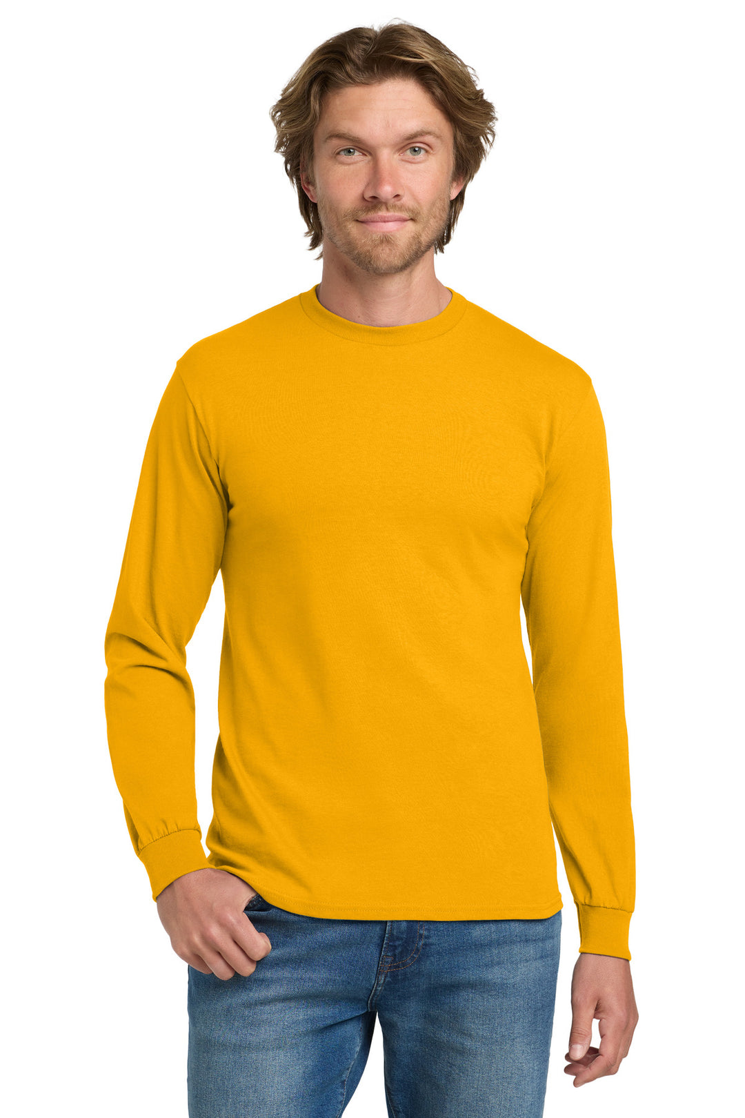 Front View of Gold Gildan - Heavy Cotton 100% Cotton Long Sleeve T-Shirt. 5400