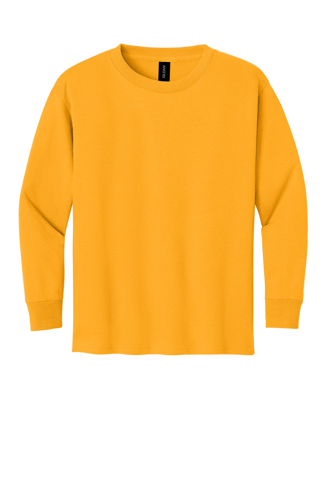 Front View of Gold Gildan Youth Heavy Cotton 100% Cotton Long Sleeve T-Shirt. 5400B