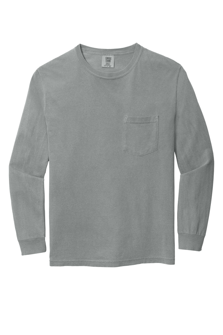 Front View of Granite COMFORT COLORS Heavyweight Ring Spun Long Sleeve Pocket Tee. 4410