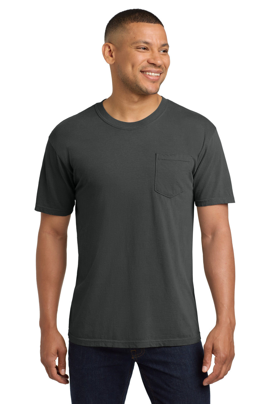 Front View of Graphite COMFORT COLORS Heavyweight Ring Spun Pocket Tee. 6030