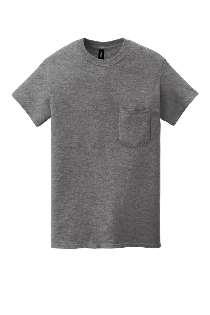 Front View of Graphite Hthr Gildan Heavy Cotton 100% Cotton Pocket T-Shirt. 5300