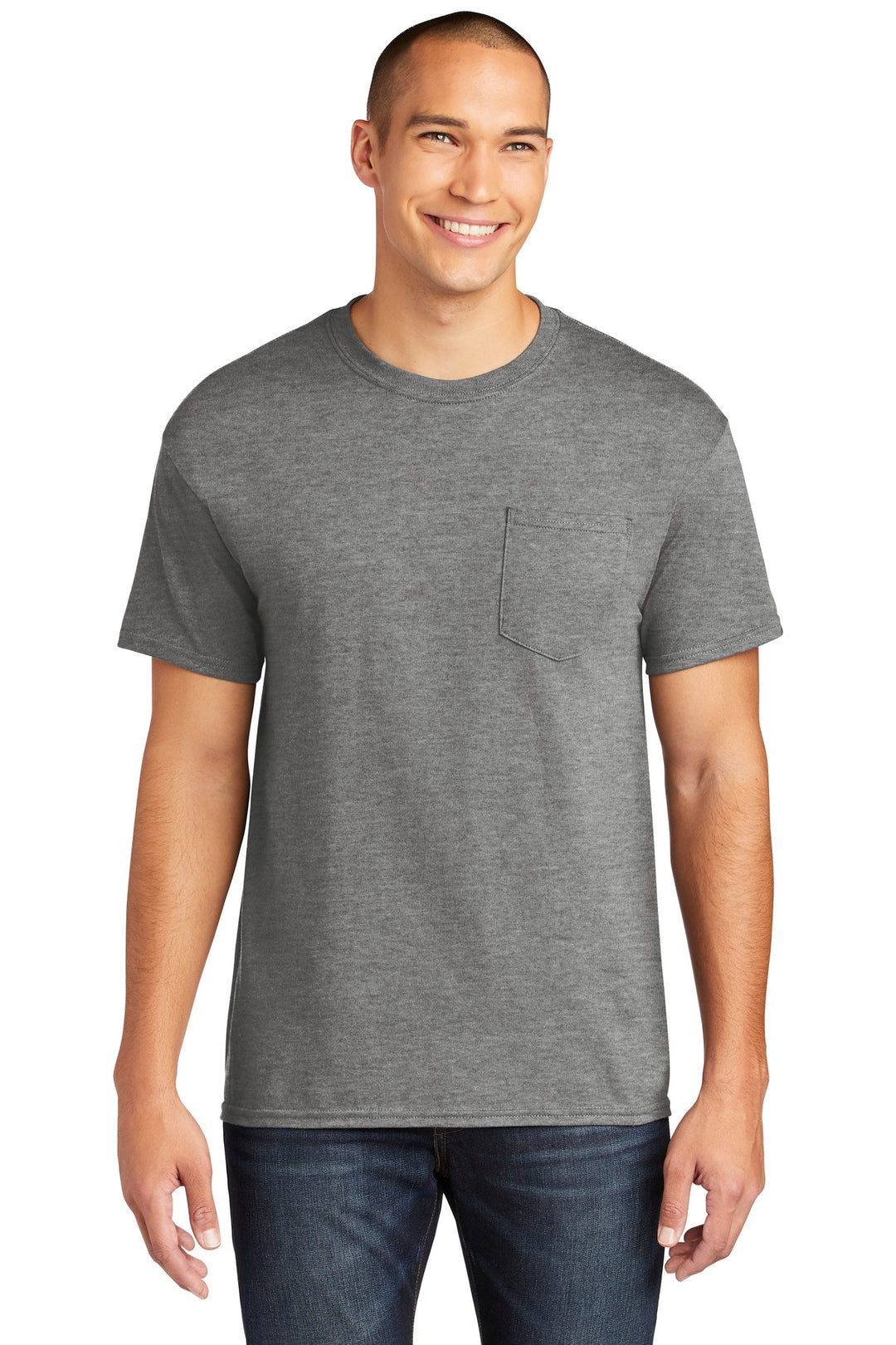 Front View of Graphite Hthr Gildan Heavy Cotton 100% Cotton Pocket T-Shirt. 5300