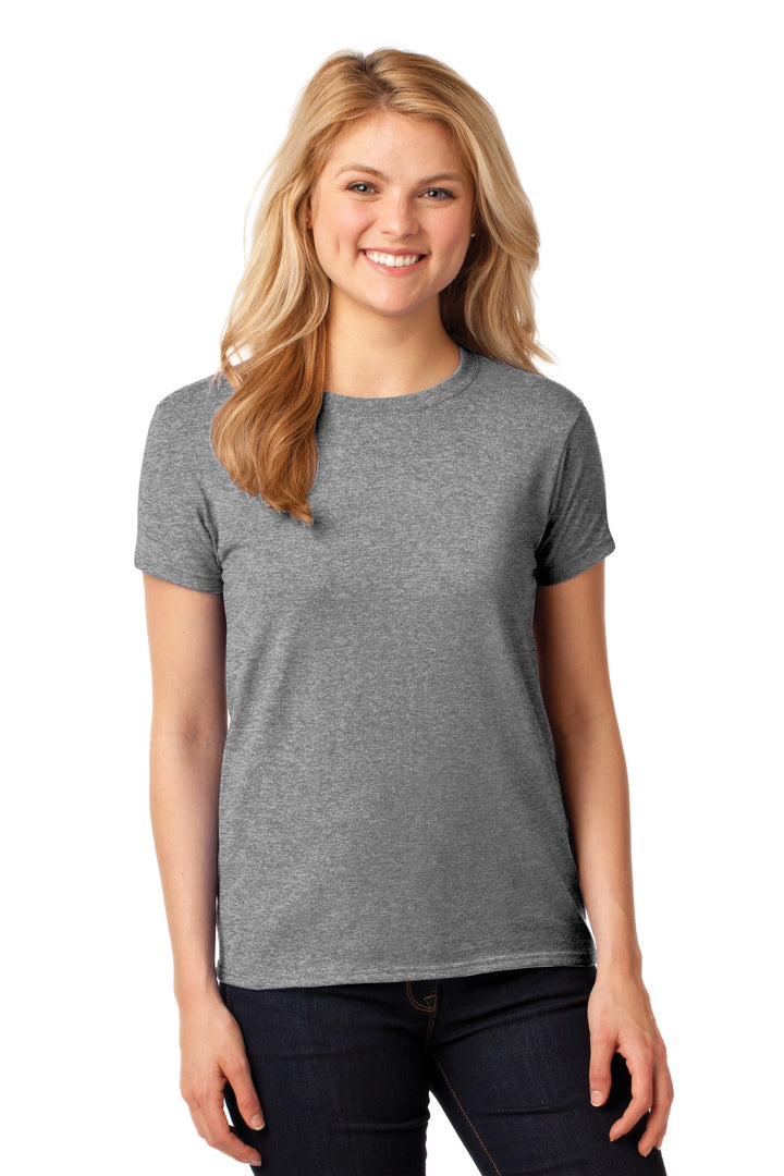 Front View of Graphite Hthr Gildan Women's Heavy Cotton 100% Cotton T-Shirt. 5000L