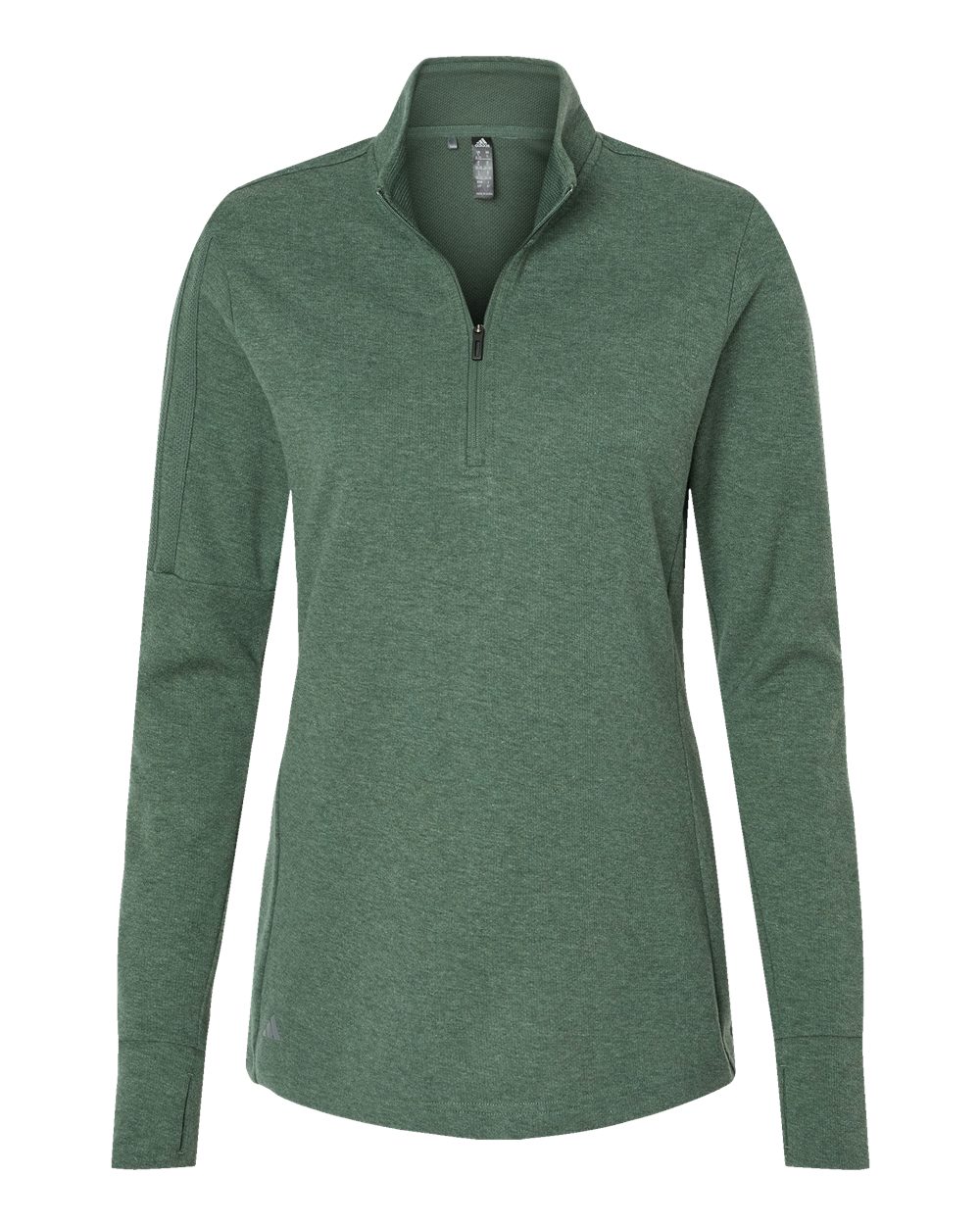 Front View of Green Oxide Melange Women's 3-Stripes Quarter-Zip Sweater - A555