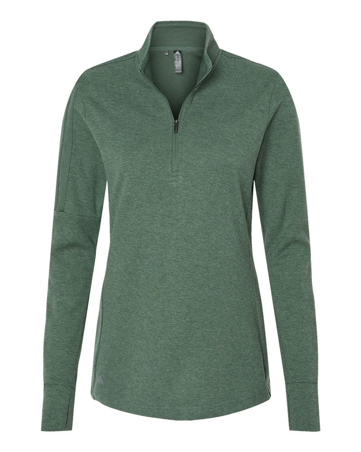 Front View of Green Oxide Melange Women's 3-Stripes Quarter-Zip Sweater - A555