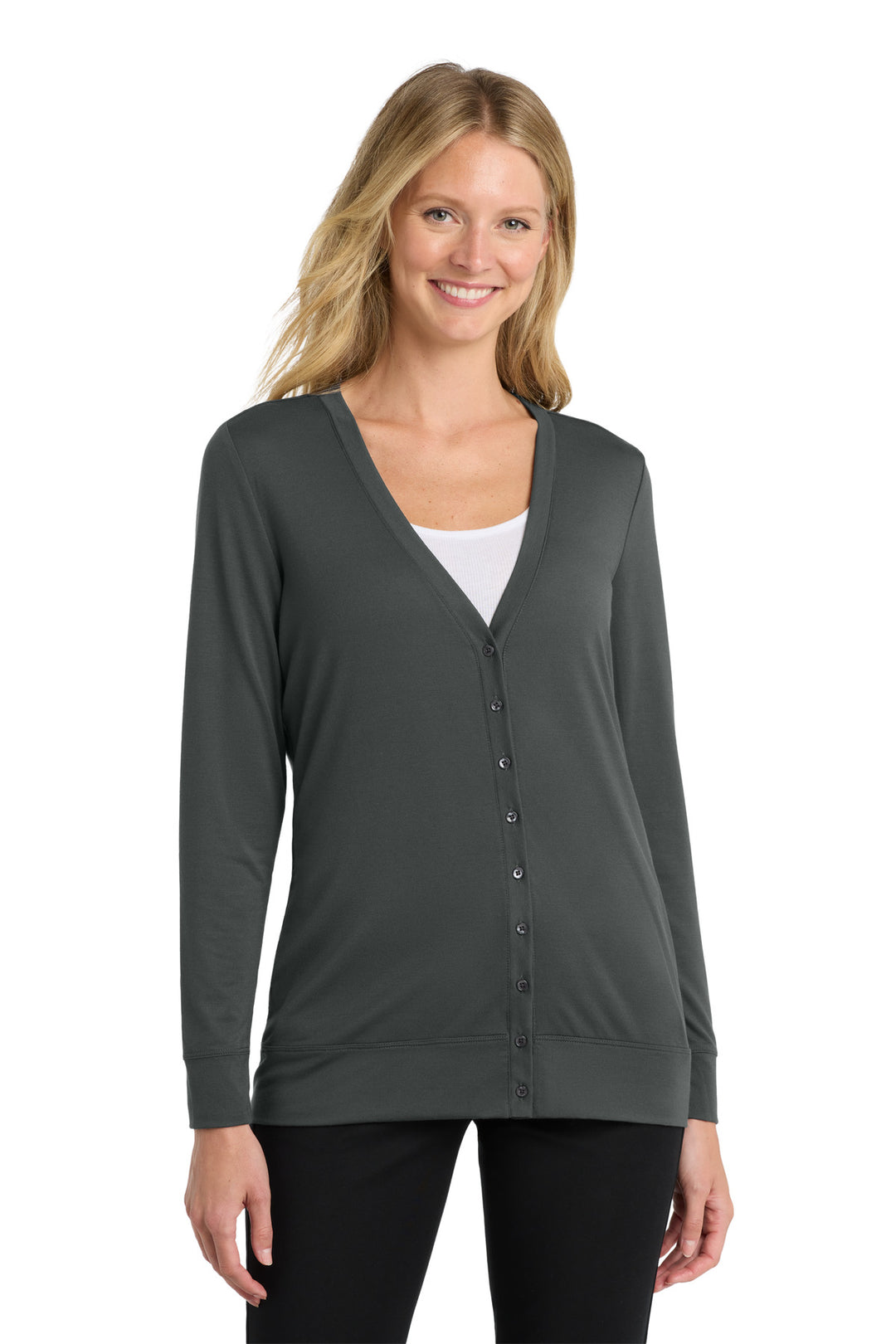 Front View of Grey Smoke Port Authority Women's Concept Cardigan. L545