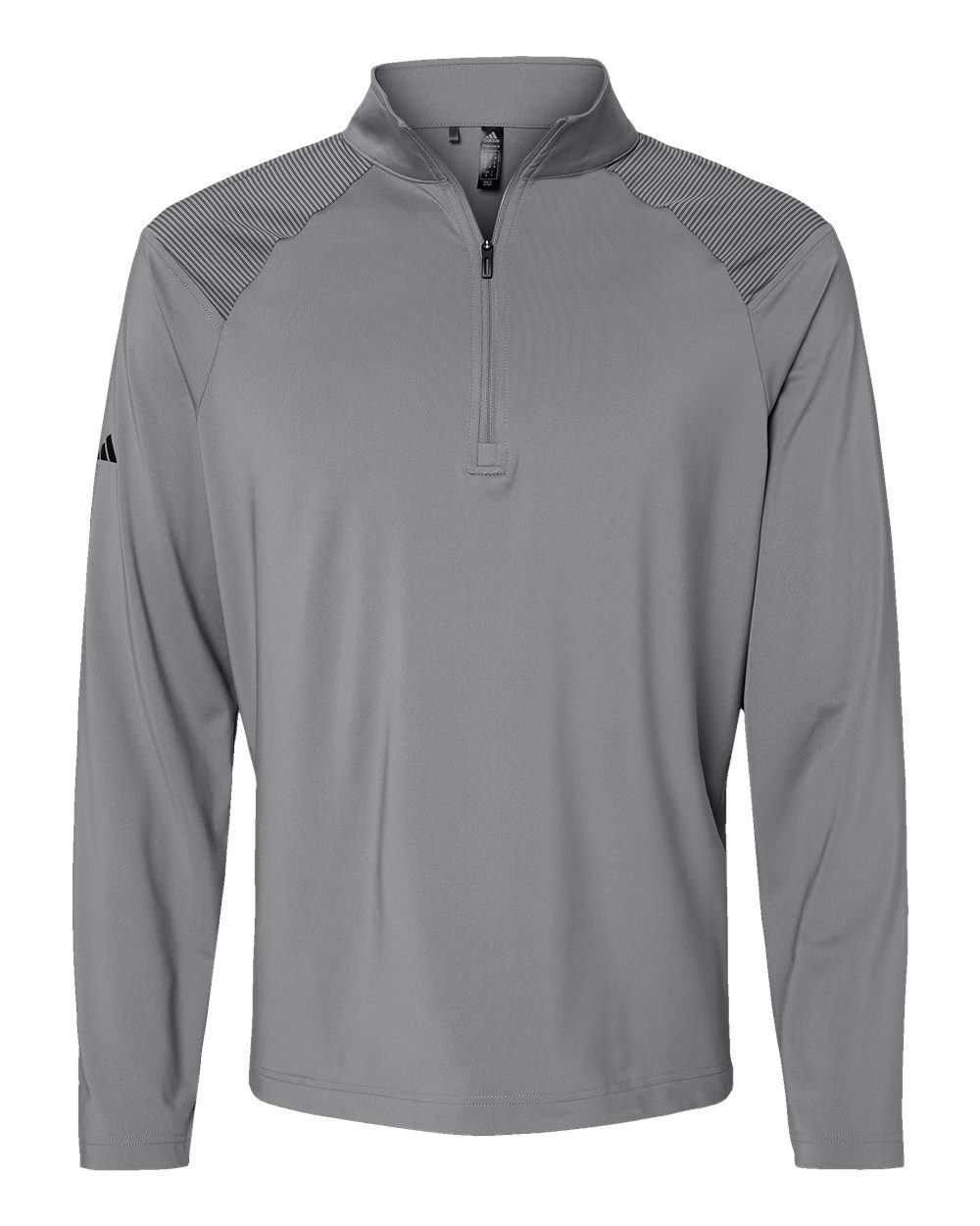 Front View of Grey Three Shoulder Stripe Quarter-Zip Pullover - A520