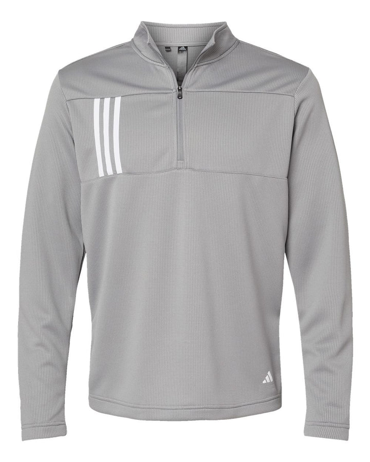 Front View of Grey Three/ White 3-Stripes Double Knit Quarter-Zip Pullover - A482