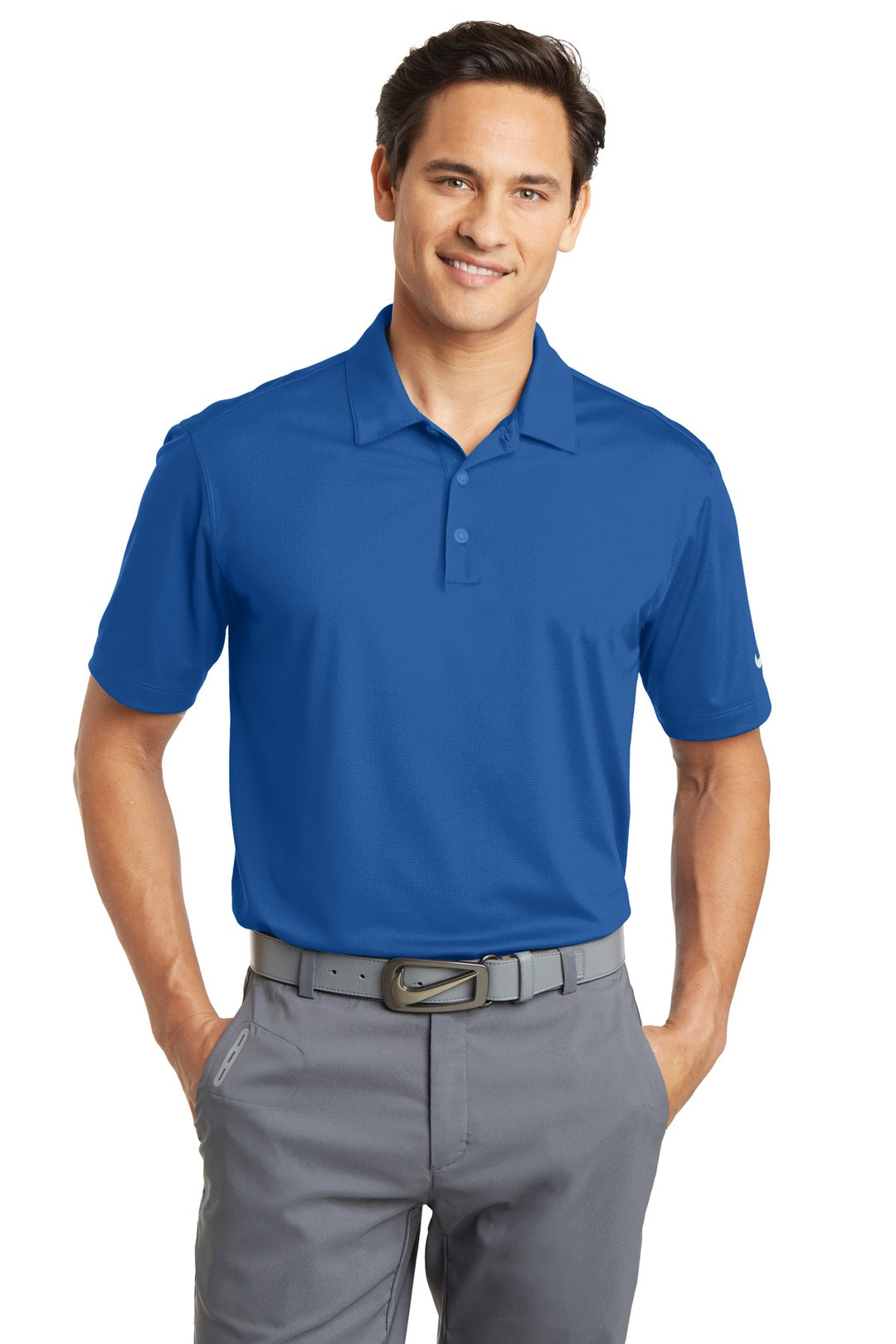 Front View of Gym Blue Nike Dri-FIT Vertical Mesh Polo. 637167