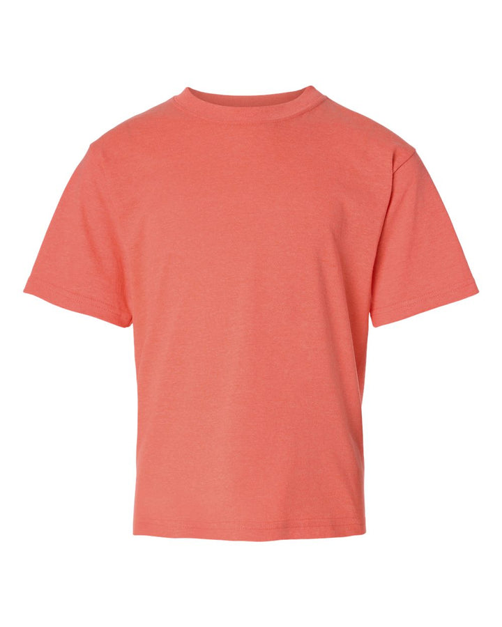 Front View of Heather Coral Youth Gold Soft Touch T-Shirt - 4850