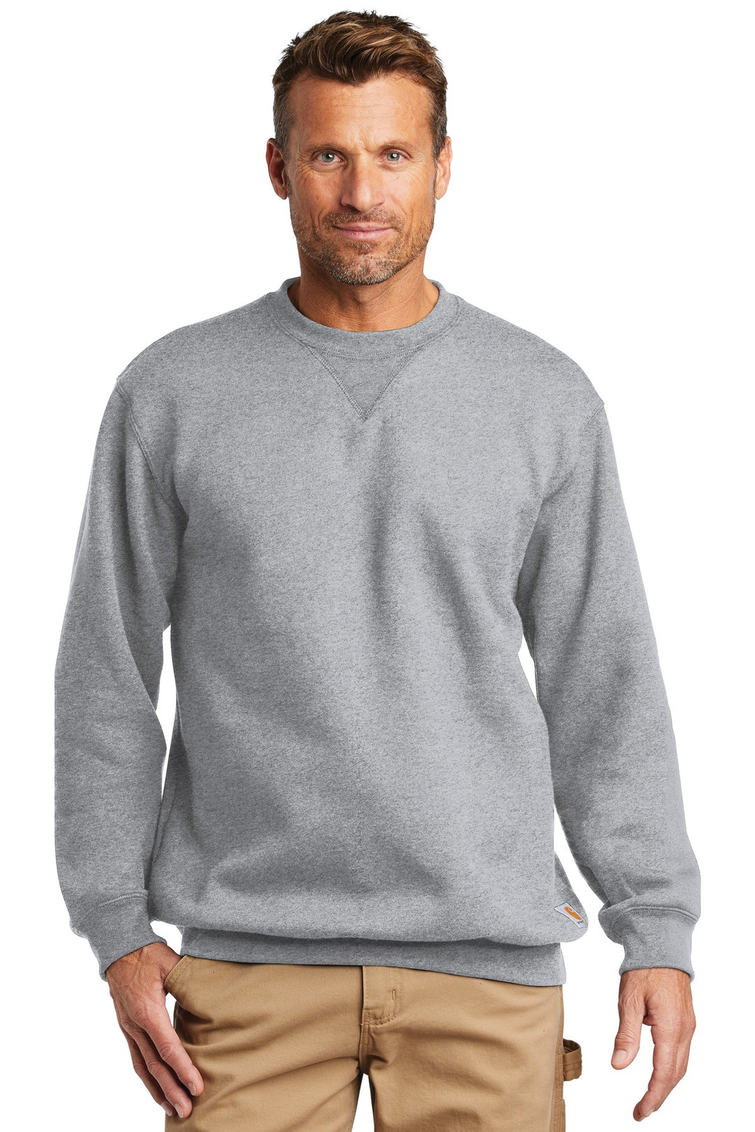 Front View of Heather Grey Carhartt Midweight Crewneck Sweatshirt. CTK124