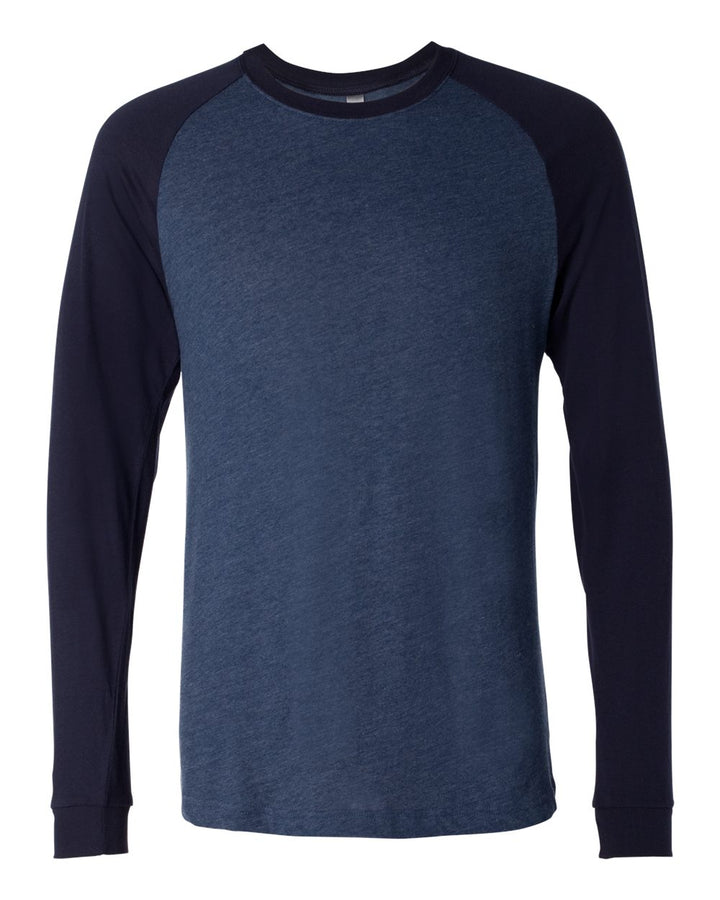Front View of Heather Navy/ Midnight Long Sleeve Jersey Baseball Tee - 3000