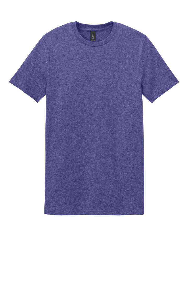 Front View of Heather Purple Gildan Softstyle T-Shirt. 64000