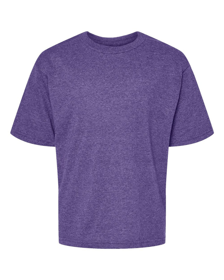 Front View of Heather Purple Youth Gold Soft Touch T-Shirt - 4850