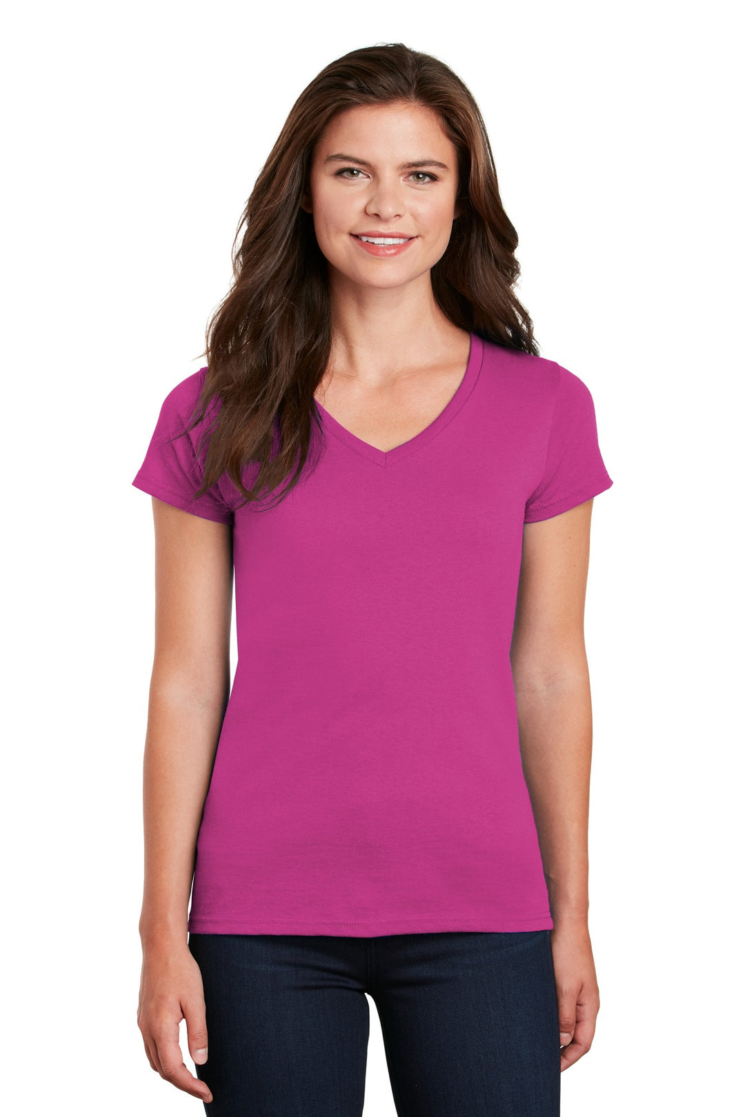 Front View of Heliconia Gildan Women's Heavy Cotton 100% Cotton V-Neck T-Shirt. 5V00L