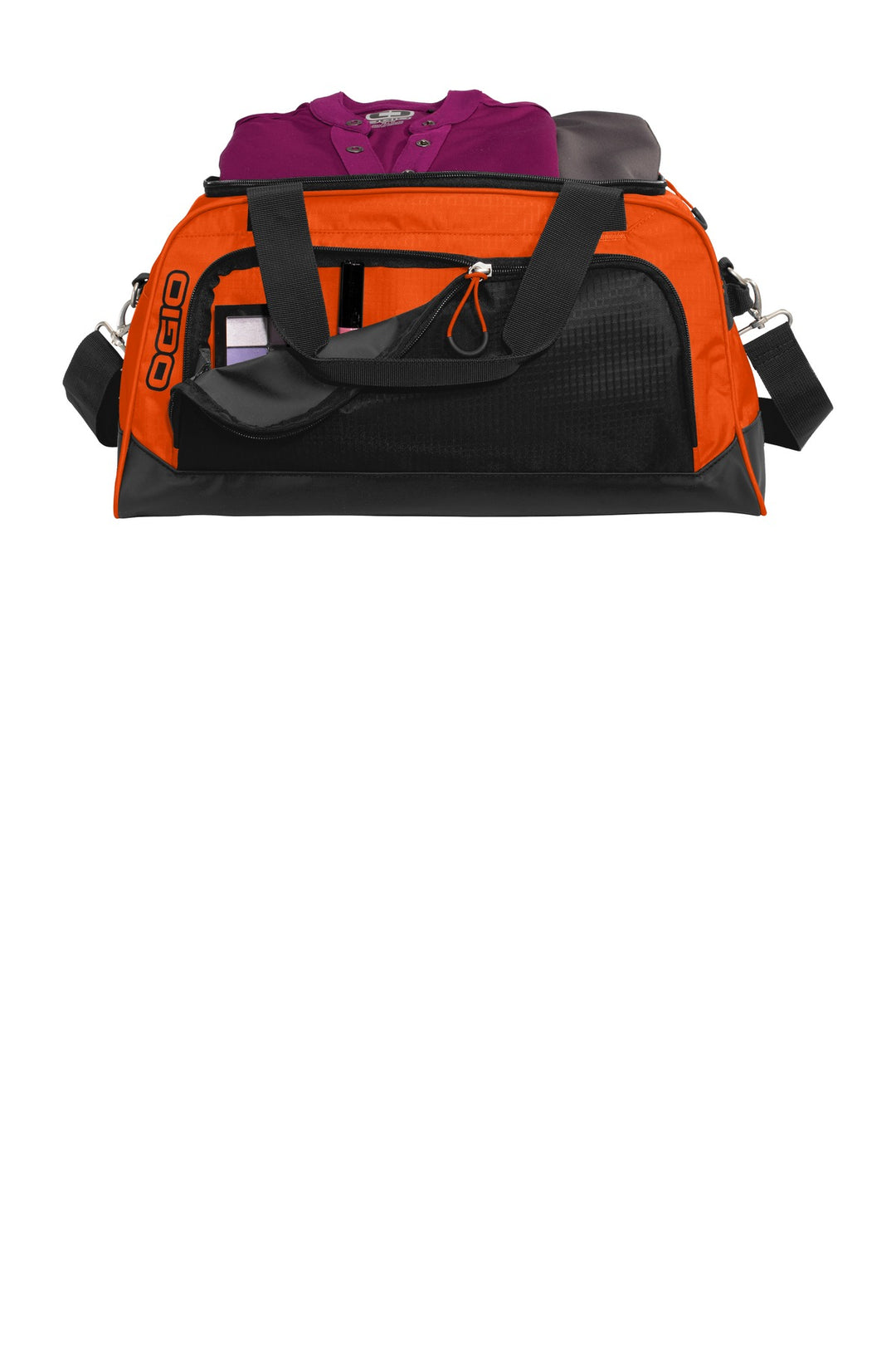 Front View of Hot Orange/Blk OGIO Breakaway Duffel. 411095
