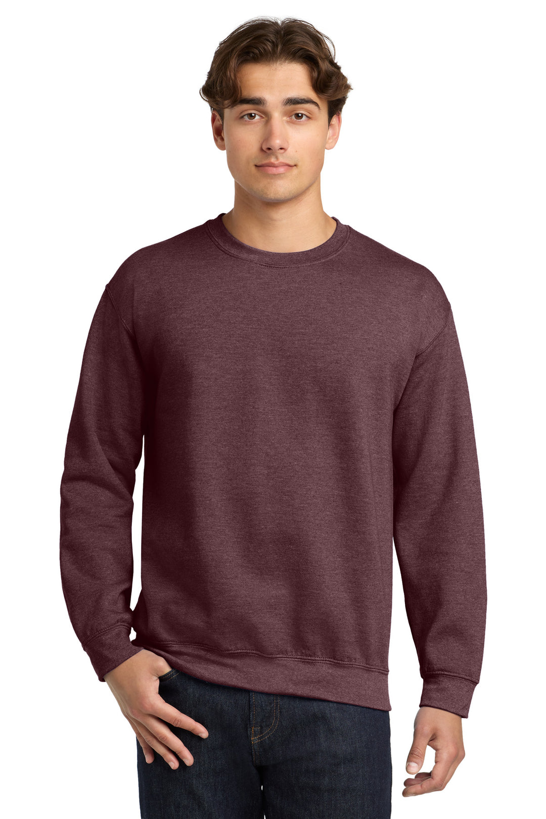 Front View of HtDkMaroon Gildan Heavy Blend Crewneck Sweatshirt. 18000