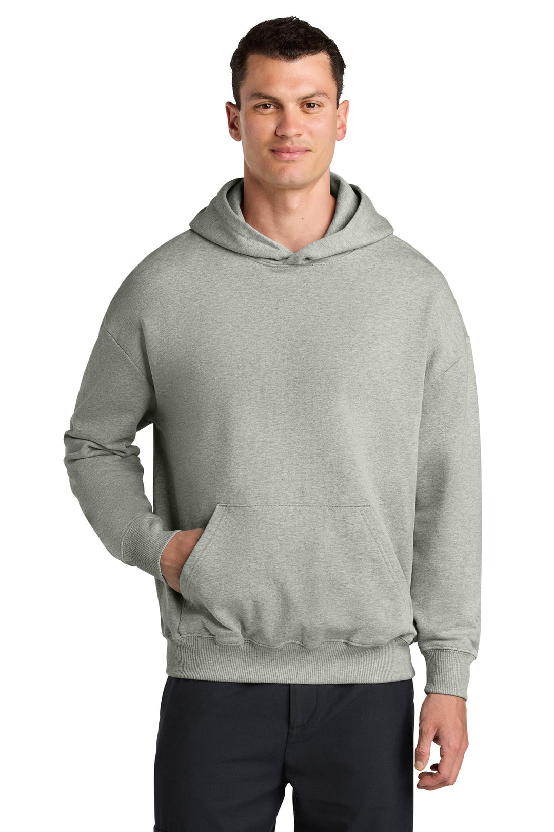 Front View of HthrGrey Stanley/Stella Unisex Cooper Dry Hooded Sweatshirt SXU028