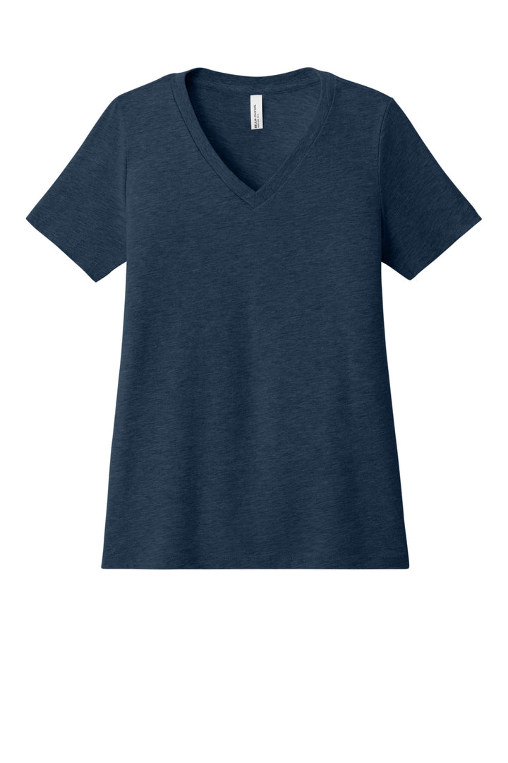 Front View of HthrNavy BELLA+CANVAS Women's Relaxed Heather CVC V-Neck Tee BC6405CVC
