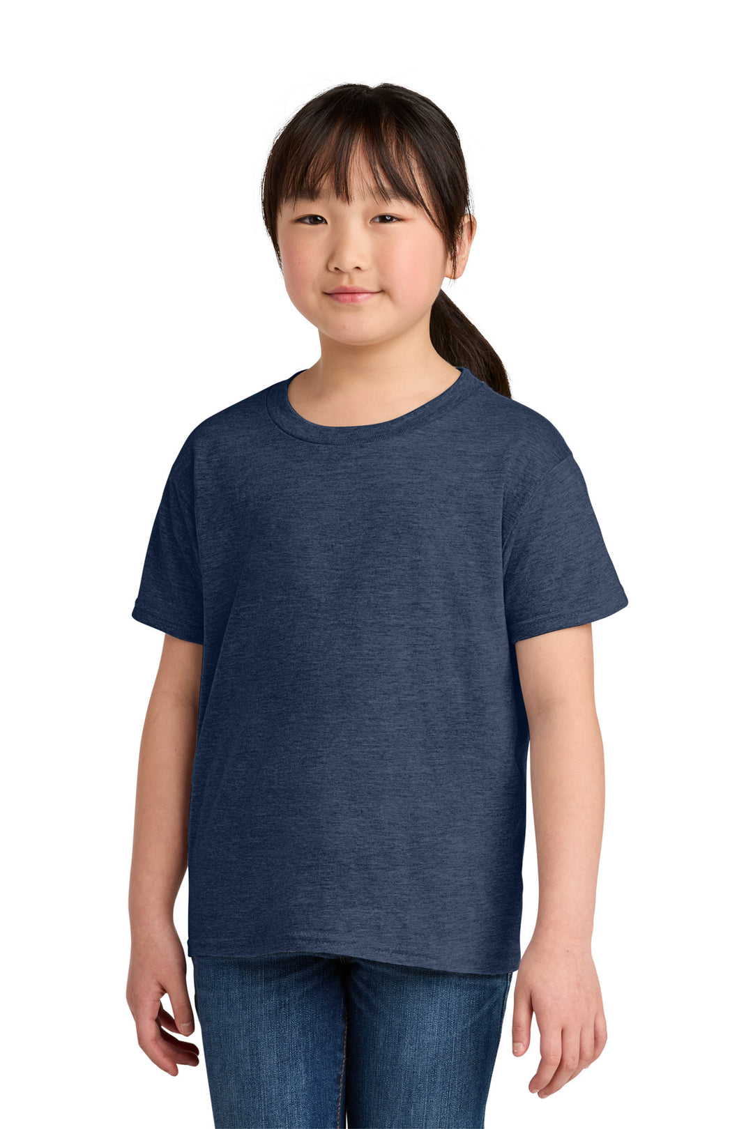 Front View of HthrNavy Gildan Youth Softstyle T-Shirt 64000B