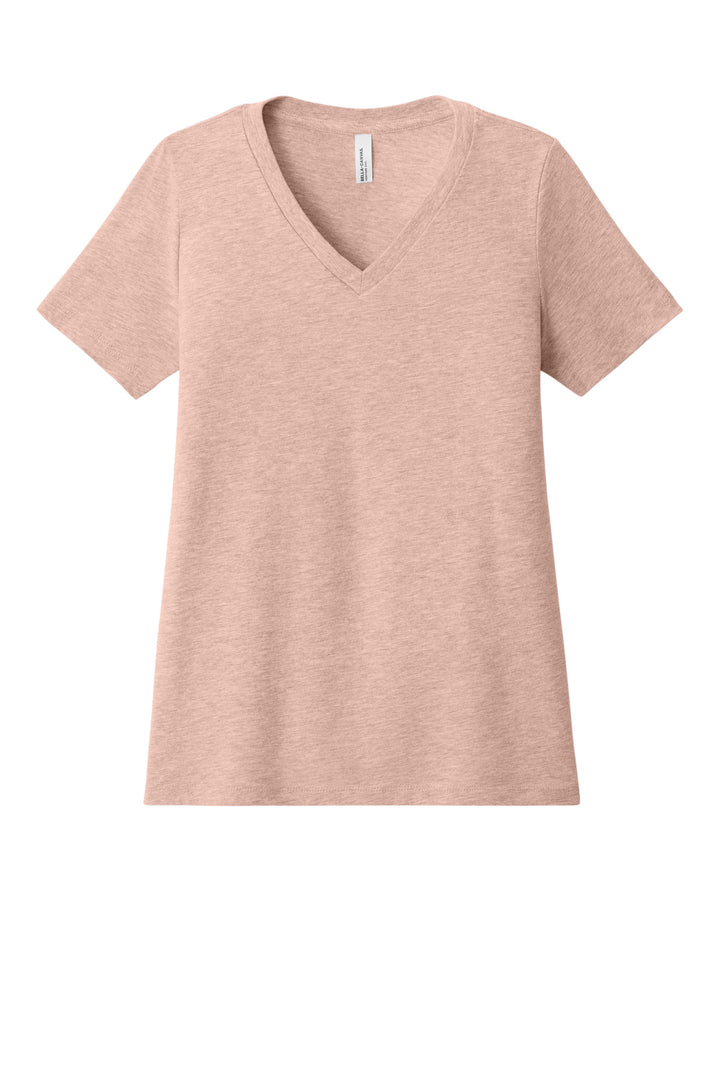 Front View of HthrPeach BELLA+CANVAS Women's Relaxed Heather CVC V-Neck Tee BC6405CVC
